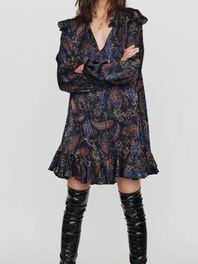 Maje Riley Paisley Print Ruffle Mini Dress Long Sleeve Boho size 1 USA size Smal